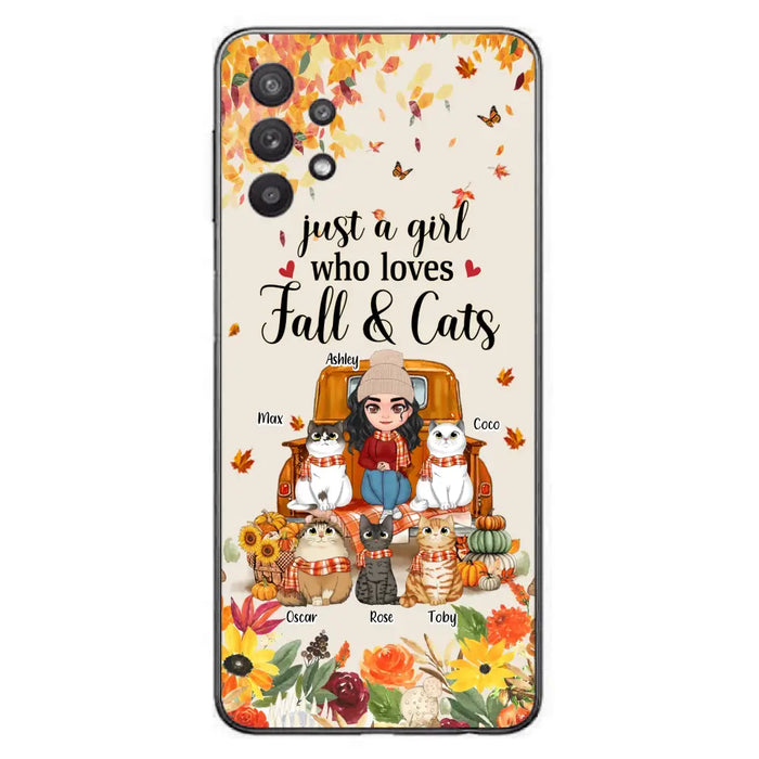 Custom Personalized Cat Mom Autumn Phone Case - Gift Idea For Cat Owners - Upto 5 Cats -  Case For iPhone/Samsung - Just A Girl Who Loves Fall & Cats