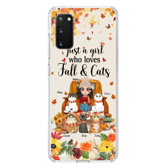 Custom Personalized Cat Mom Autumn Phone Case - Gift Idea For Cat Owners - Upto 5 Cats -  Case For iPhone/Samsung - Just A Girl Who Loves Fall & Cats