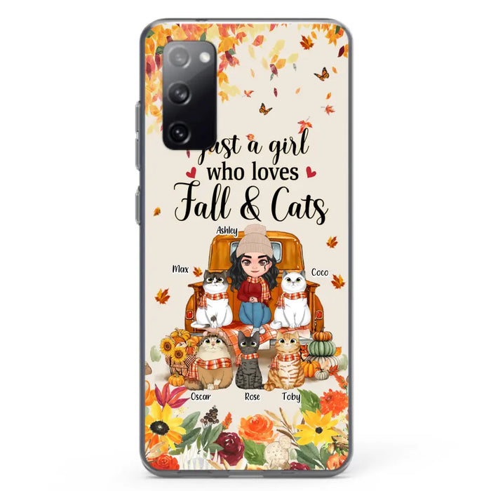 Custom Personalized Cat Mom Autumn Phone Case - Gift Idea For Cat Owners - Upto 5 Cats -  Case For iPhone/Samsung - Just A Girl Who Loves Fall & Cats