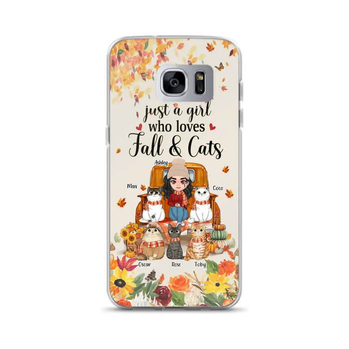 Custom Personalized Cat Mom Autumn Phone Case - Gift Idea For Cat Owners - Upto 5 Cats -  Case For iPhone/Samsung - Just A Girl Who Loves Fall & Cats