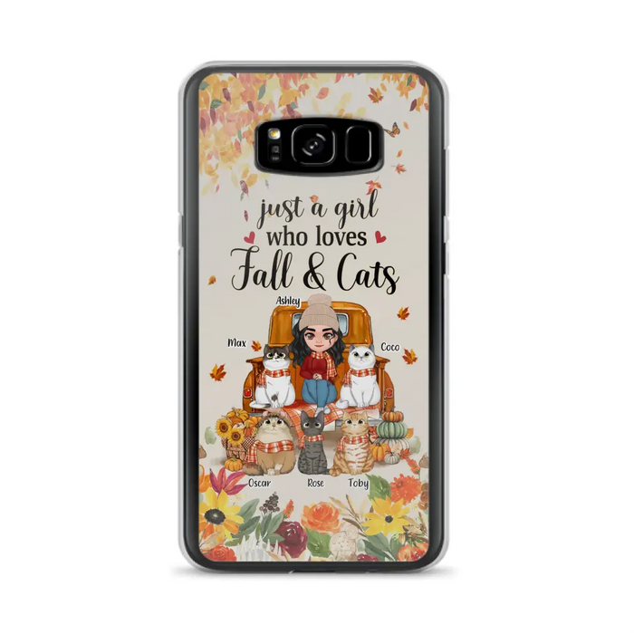 Custom Personalized Cat Mom Autumn Phone Case - Gift Idea For Cat Owners - Upto 5 Cats -  Case For iPhone/Samsung - Just A Girl Who Loves Fall & Cats