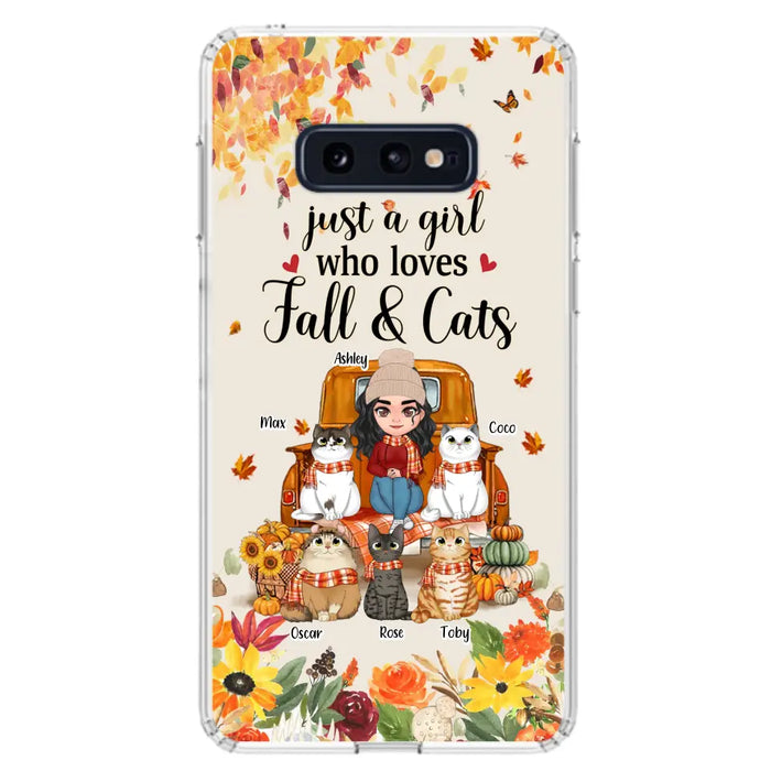 Custom Personalized Cat Mom Autumn Phone Case - Gift Idea For Cat Owners - Upto 5 Cats -  Case For iPhone/Samsung - Just A Girl Who Loves Fall & Cats