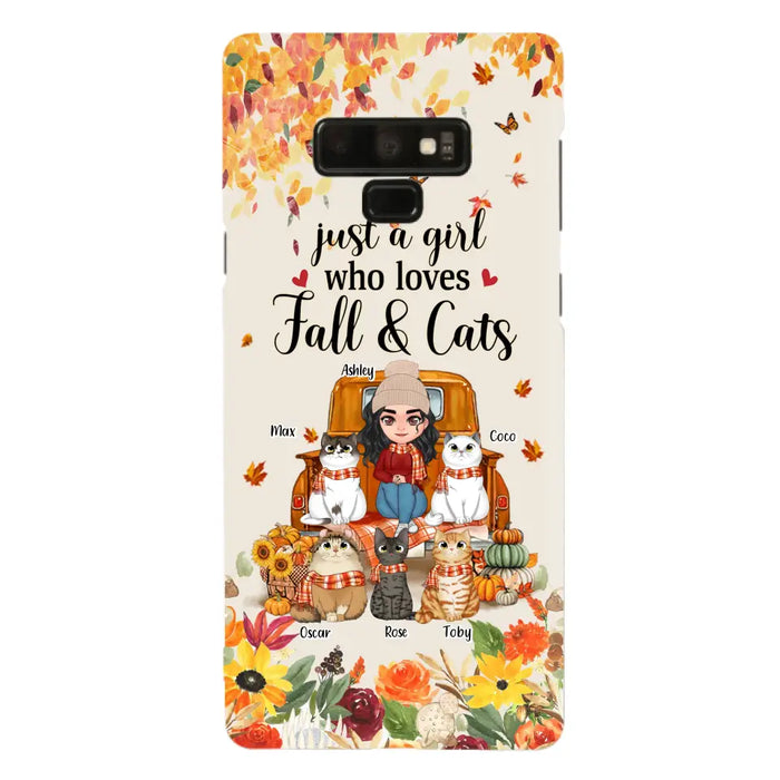 Custom Personalized Cat Mom Autumn Phone Case - Gift Idea For Cat Owners - Upto 5 Cats -  Case For iPhone/Samsung - Just A Girl Who Loves Fall & Cats