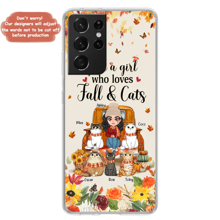 Custom Personalized Cat Mom Autumn Phone Case - Gift Idea For Cat Owners - Upto 5 Cats -  Case For iPhone/Samsung - Just A Girl Who Loves Fall & Cats