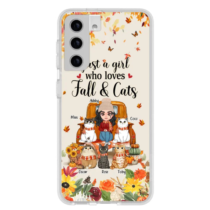 Custom Personalized Cat Mom Autumn Phone Case - Gift Idea For Cat Owners - Upto 5 Cats -  Case For iPhone/Samsung - Just A Girl Who Loves Fall & Cats