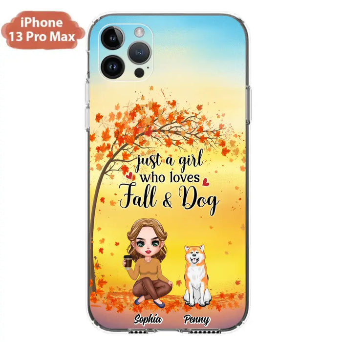 Custom Personalized Dog Mom Phone Case - Gift Idea For Dog Lovers/ Autumn Gift - Upto 4 Dogs - Just A Girl Who Loves Fall & Dogs - Case For iPhone/Samsung