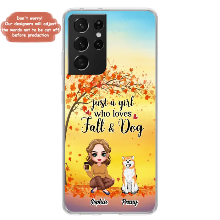 Custom Personalized Dog Mom Phone Case - Gift Idea For Dog Lovers/ Autumn Gift - Upto 4 Dogs - Just A Girl Who Loves Fall & Dogs - Case For iPhone/Samsung