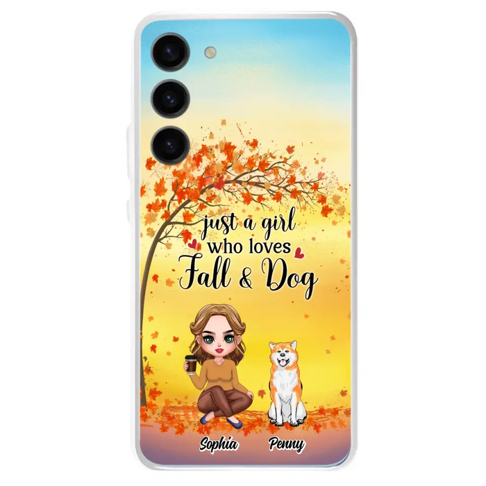 Custom Personalized Dog Mom Phone Case - Gift Idea For Dog Lovers/ Autumn Gift - Upto 4 Dogs - Just A Girl Who Loves Fall & Dogs - Case For iPhone/Samsung