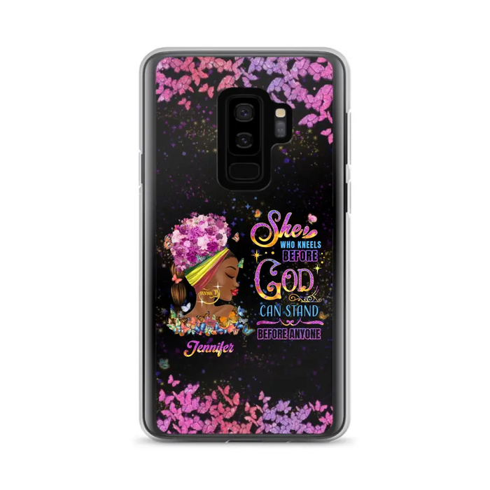 Custom Personalized Black Girl Phone Case - Gift Idea for Birthday/Friends - She Who Kneels Before God Can Stand Before Anyone - Case For iPhone/Samsung