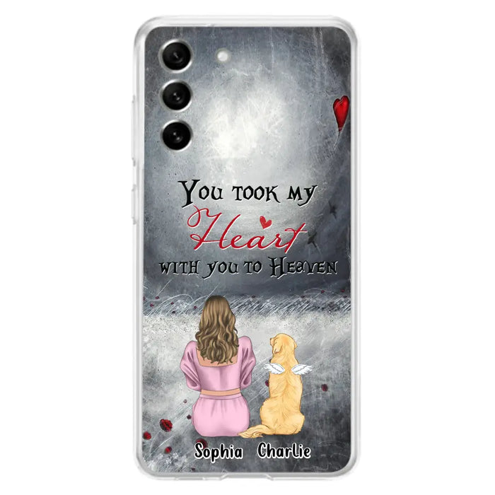 Custom Personalized Memorial Dog Mom Phone Case - Upto 5 Dogs - Memorial Gift Idea for Dog Lovers - You Took My Heart With You To Heaven - Case For iPhone And Samsung