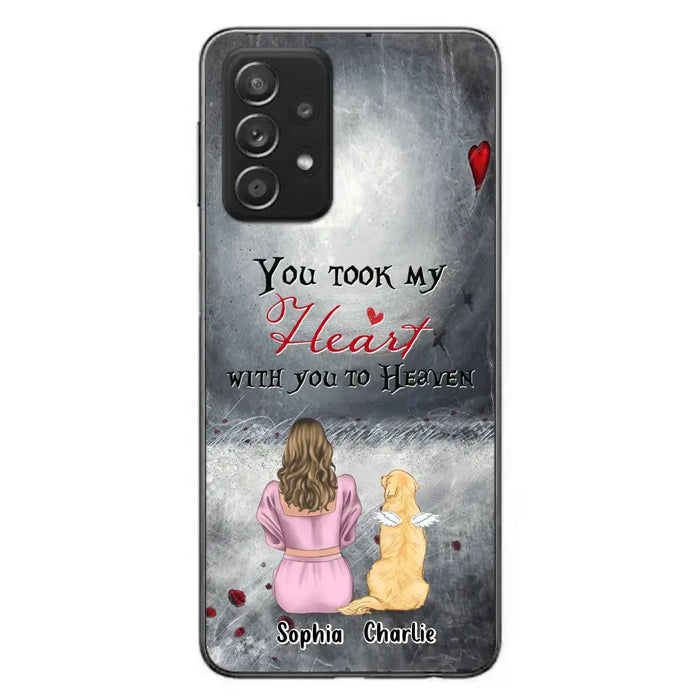 Custom Personalized Memorial Dog Mom Phone Case - Upto 5 Dogs - Memorial Gift Idea for Dog Lovers - You Took My Heart With You To Heaven - Case For iPhone And Samsung