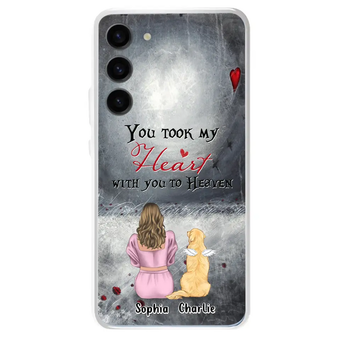 Custom Personalized Memorial Dog Mom Phone Case - Upto 5 Dogs - Memorial Gift Idea for Dog Lovers - You Took My Heart With You To Heaven - Case For iPhone And Samsung