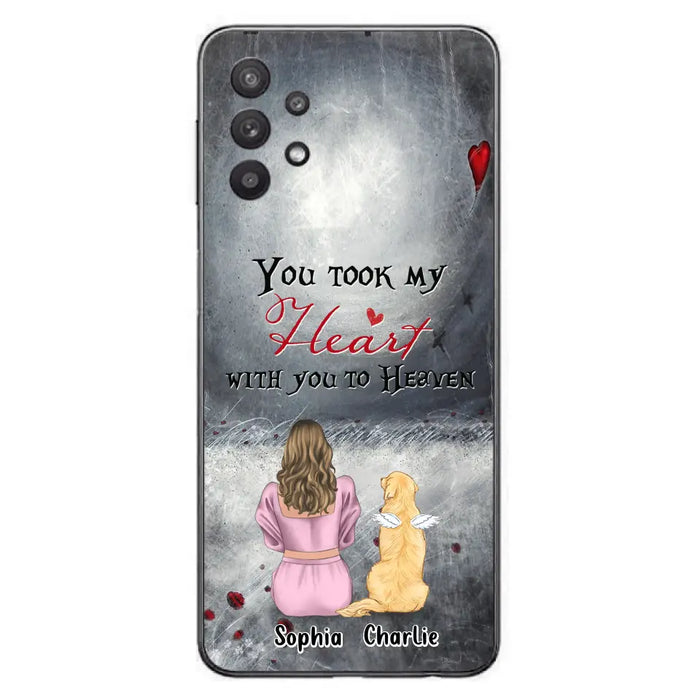 Custom Personalized Memorial Dog Mom Phone Case - Upto 5 Dogs - Memorial Gift Idea for Dog Lovers - You Took My Heart With You To Heaven - Case For iPhone And Samsung