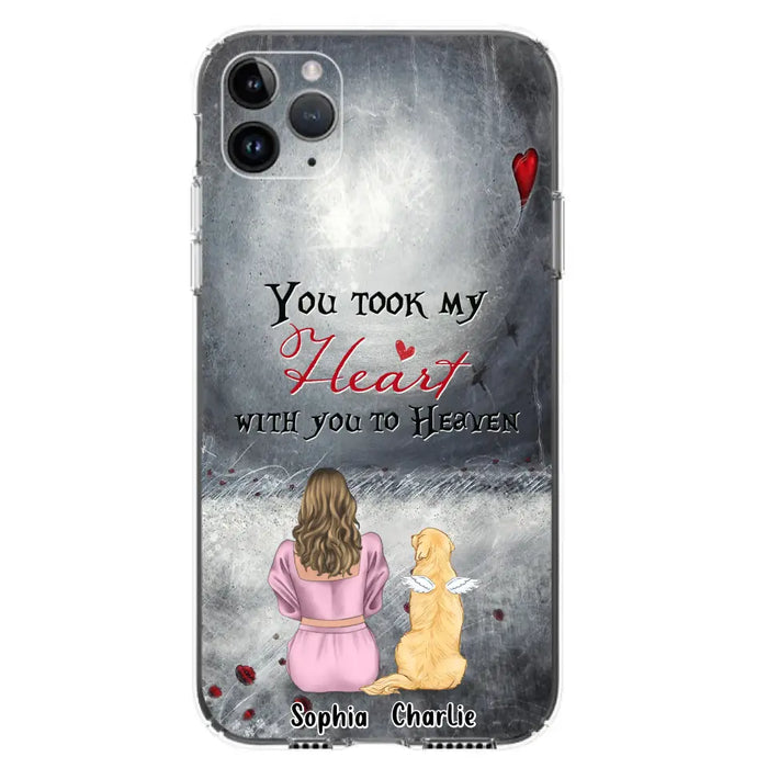 Custom Personalized Memorial Dog Mom Phone Case - Upto 5 Dogs - Memorial Gift Idea for Dog Lovers - You Took My Heart With You To Heaven - Case For iPhone And Samsung