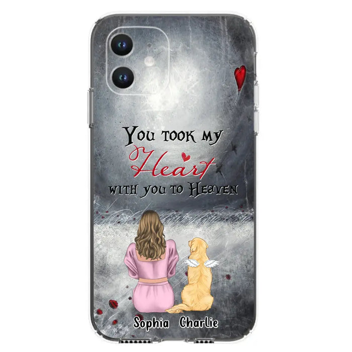 Custom Personalized Memorial Dog Mom Phone Case - Upto 5 Dogs - Memorial Gift Idea for Dog Lovers - You Took My Heart With You To Heaven - Case For iPhone And Samsung