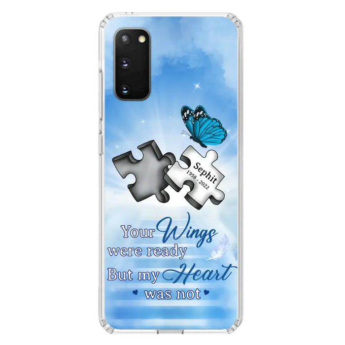 Custom Personalized Memorial Puzzle Butterfly Phone Case - Memorial Gift Idea - Your Wings Were Ready But My Heart Was Not - Case for iPhone/Samsung