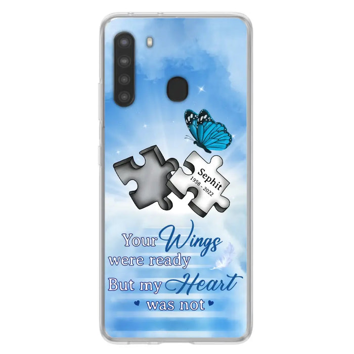 Custom Personalized Memorial Puzzle Butterfly Phone Case - Memorial Gift Idea - Your Wings Were Ready But My Heart Was Not - Case for iPhone/Samsung