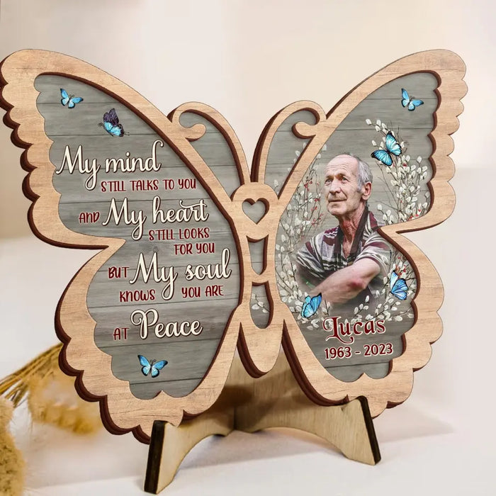 Custom Personalized Memorial Photo Butterfly 2 Layered Wooden Art - Keepsake Gift Idea For Family Member - My Mind Still Talks To You