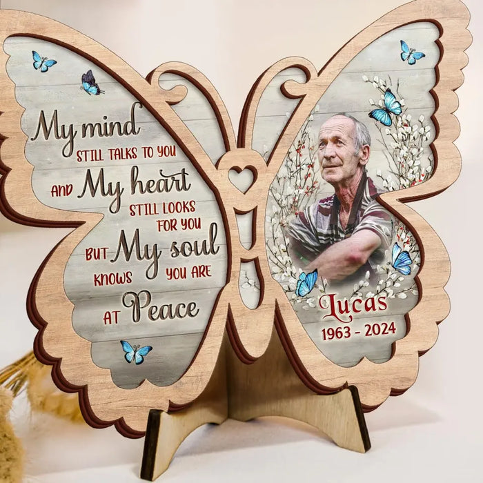 Custom Personalized Memorial Butterfly 2 Layered Wooden Art - Upload Photo - Gift Idea For Family Member/ Father's Day/ Mother's Day - My Mind Still Talks To You