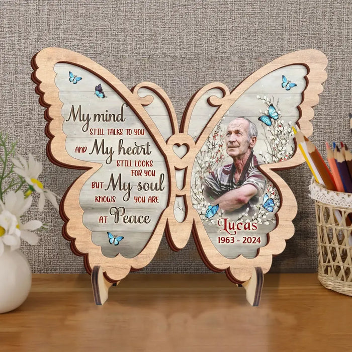 Custom Personalized Memorial Butterfly 2 Layered Wooden Art - Upload Photo - Gift Idea For Family Member/ Father's Day/ Mother's Day - My Mind Still Talks To You