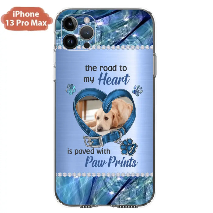 Custom Personalized Memorial Dog Collar Phone Case - Upload Photo - Memorial Gift Idea For Dog Owner - The Road To My Heart Is Paved With Paw Prints - Case for iPhone/ Samsung