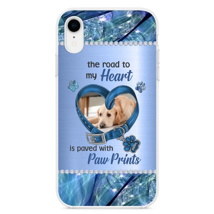 Custom Personalized Memorial Dog Collar Phone Case - Upload Photo - Memorial Gift Idea For Dog Owner - The Road To My Heart Is Paved With Paw Prints - Case for iPhone/ Samsung