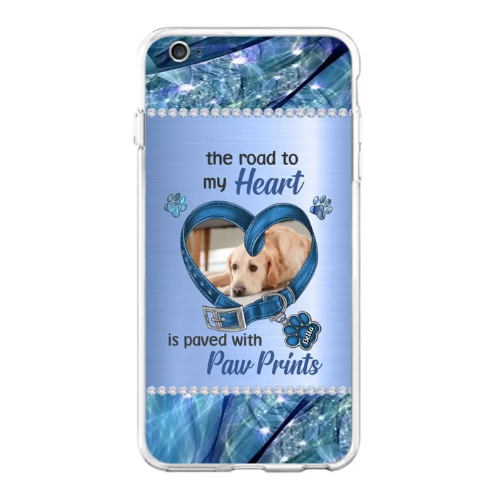 Custom Personalized Memorial Dog Collar Phone Case - Upload Photo - Memorial Gift Idea For Dog Owner - The Road To My Heart Is Paved With Paw Prints - Case for iPhone/ Samsung