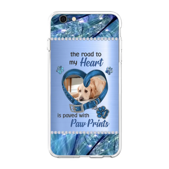 Custom Personalized Memorial Dog Collar Phone Case - Upload Photo - Memorial Gift Idea For Dog Owner - The Road To My Heart Is Paved With Paw Prints - Case for iPhone/ Samsung