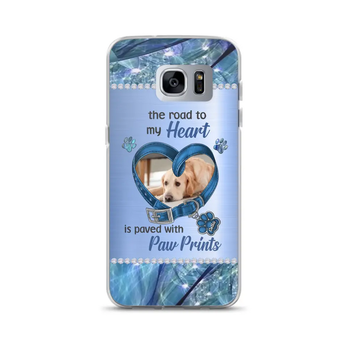 Custom Personalized Memorial Dog Collar Phone Case - Upload Photo - Memorial Gift Idea For Dog Owner - The Road To My Heart Is Paved With Paw Prints - Case for iPhone/ Samsung