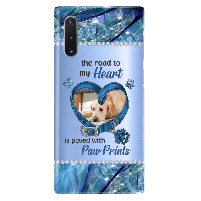 Custom Personalized Memorial Dog Collar Phone Case - Upload Photo - Memorial Gift Idea For Dog Owner - The Road To My Heart Is Paved With Paw Prints - Case for iPhone/ Samsung