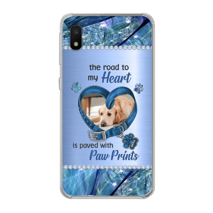 Custom Personalized Memorial Dog Collar Phone Case - Upload Photo - Memorial Gift Idea For Dog Owner - The Road To My Heart Is Paved With Paw Prints - Case for iPhone/ Samsung