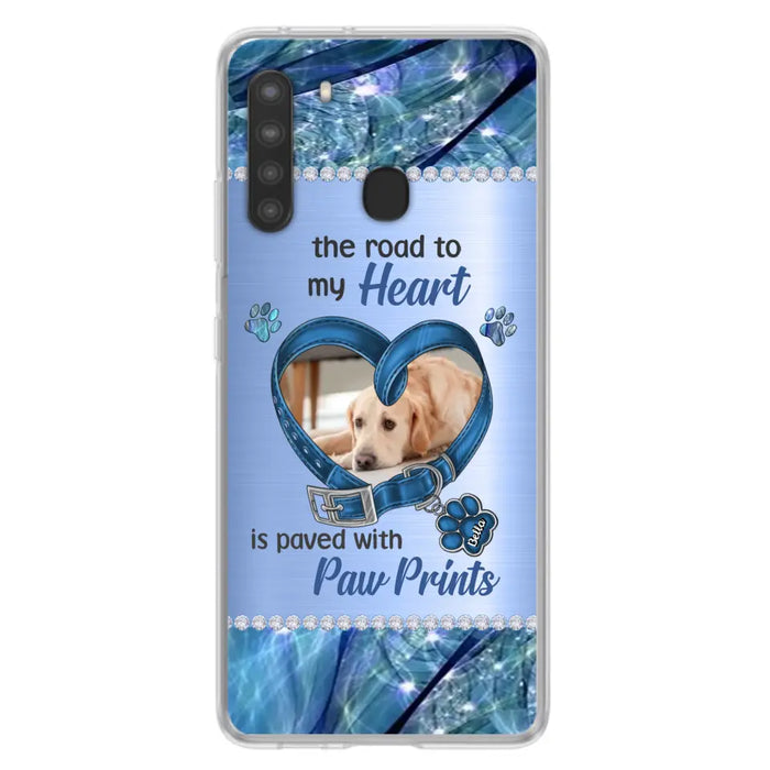 Custom Personalized Memorial Dog Collar Phone Case - Upload Photo - Memorial Gift Idea For Dog Owner - The Road To My Heart Is Paved With Paw Prints - Case for iPhone/ Samsung