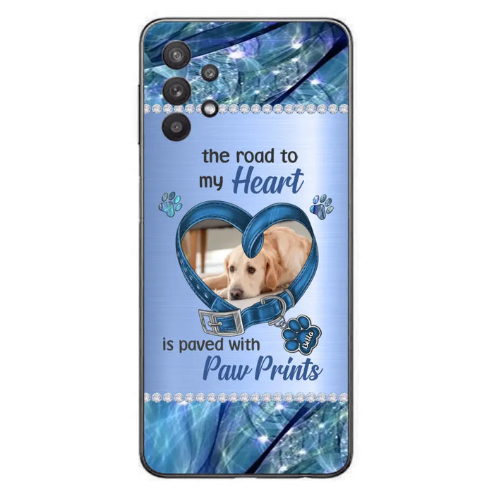 Custom Personalized Memorial Dog Collar Phone Case - Upload Photo - Memorial Gift Idea For Dog Owner - The Road To My Heart Is Paved With Paw Prints - Case for iPhone/ Samsung