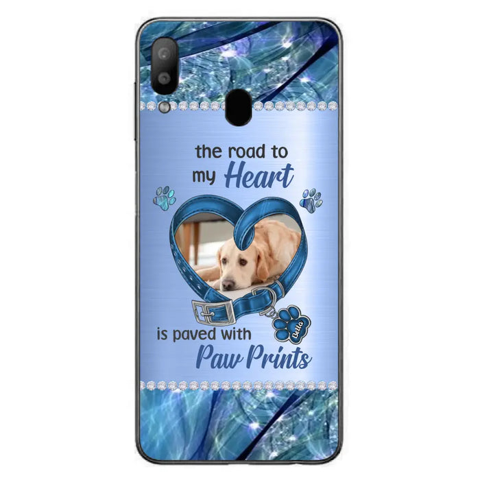 Custom Personalized Memorial Dog Collar Phone Case - Upload Photo - Memorial Gift Idea For Dog Owner - The Road To My Heart Is Paved With Paw Prints - Case for iPhone/ Samsung