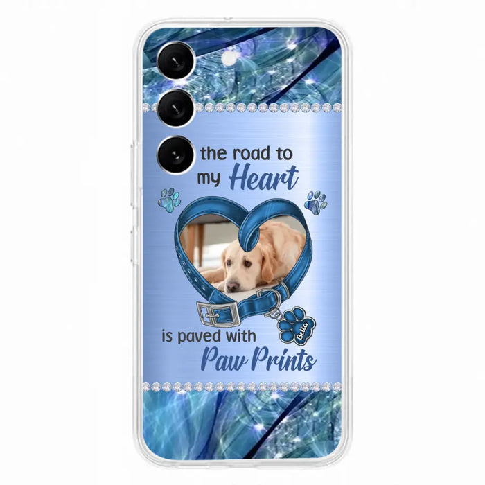 Custom Personalized Memorial Dog Collar Phone Case - Upload Photo - Memorial Gift Idea For Dog Owner - The Road To My Heart Is Paved With Paw Prints - Case for iPhone/ Samsung