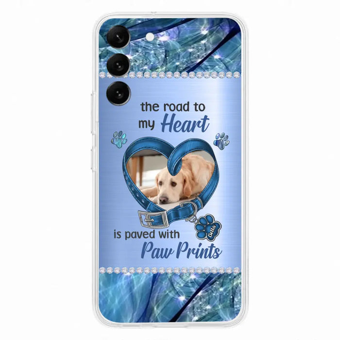 Custom Personalized Memorial Dog Collar Phone Case - Upload Photo - Memorial Gift Idea For Dog Owner - The Road To My Heart Is Paved With Paw Prints - Case for iPhone/ Samsung