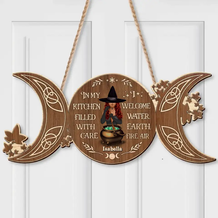 Custom Personalized Witch Wooden Sign - In My Kitchen Filled With Care I Welcome Water, Earth, Fire, Air - Gift Idea For Halloween/ Pagan Decor