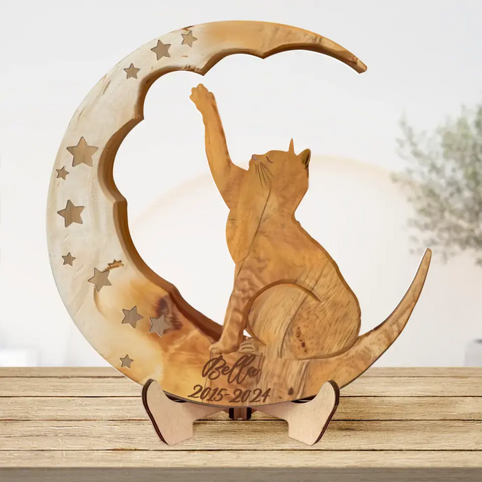 Custom Personalized Memorial Cat Moon 2 Layered Wooden Art - Memorial Gift Idea for Cat Lover