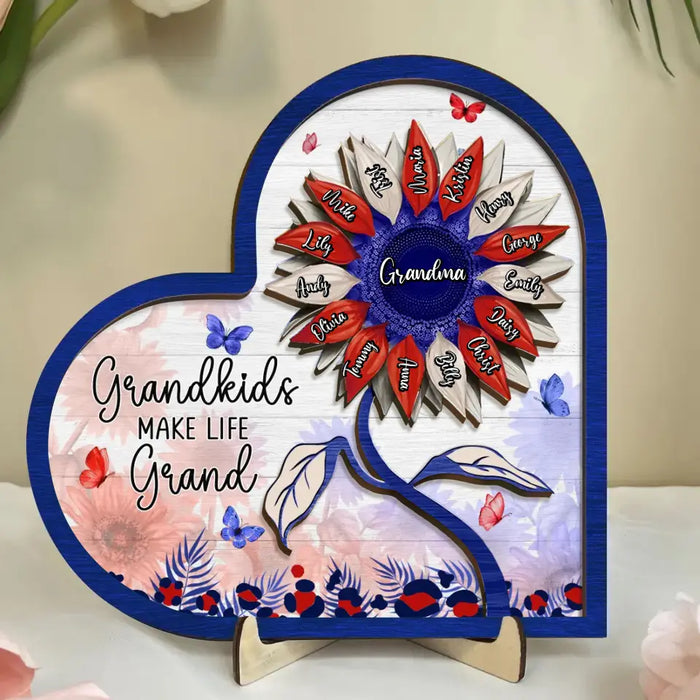 Custom Personalized Mom Grandma 2 Layered Wooden Art - Upto 15 Kids - 4th Of July Gift Idea For Grandma - Grandkids Make Life Grand