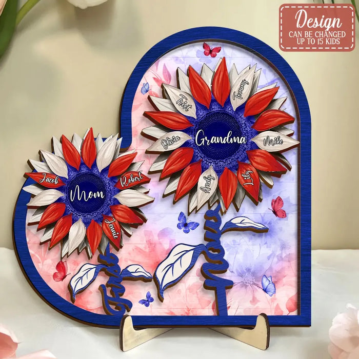 Custom Personalized First Mom Now Grandma Sunflower 2 Layered Wooden Art - Upto 15 Kids And 15 Grandkids - 4th Of July Gift Idea For Grandma/ Mom