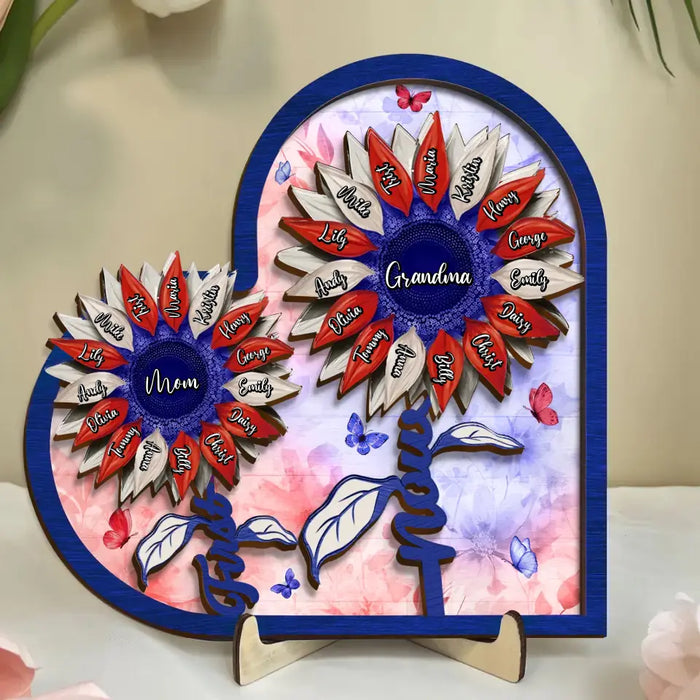 Custom Personalized First Mom Now Grandma Sunflower 2 Layered Wooden Art - Upto 15 Kids And 15 Grandkids - 4th Of July Gift Idea For Grandma/ Mom