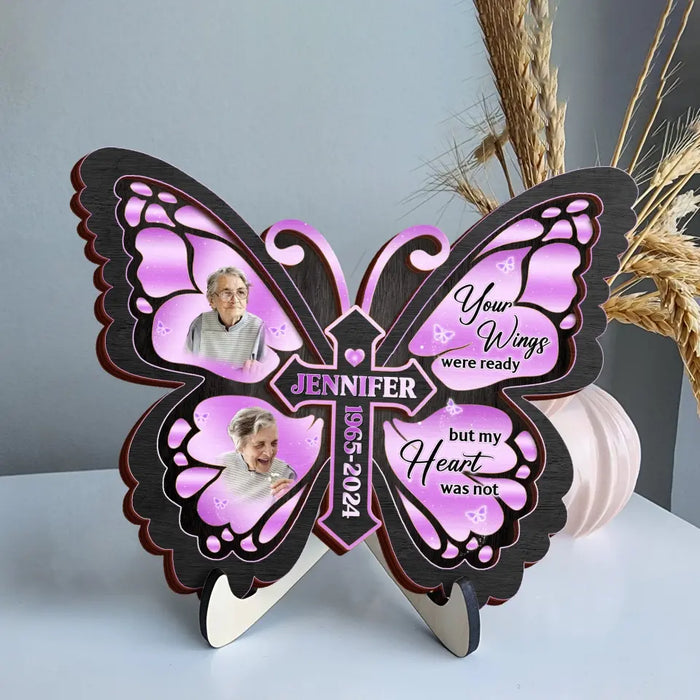 Custom Personalized Butterfly 2 Layered Wooden Art - Upload Upto 5 Photos - Memorial Gift Idea For Family Member - A Piece Of My Heart Lives In Heaven