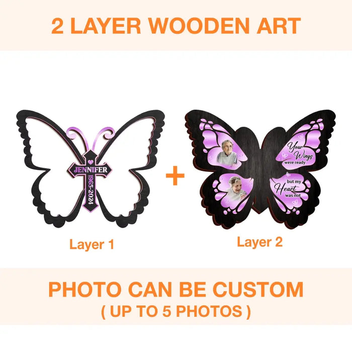 Custom Personalized Butterfly 2 Layered Wooden Art - Upload Upto 5 Photos - Memorial Gift Idea For Family Member - A Piece Of My Heart Lives In Heaven