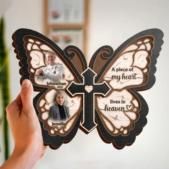 Custom Personalized Butterfly 2 Layered Wooden Art - Upload Upto 5 People - Memorial Gift Idea For Family Member - Pieces Of My Heart Live In Heaven