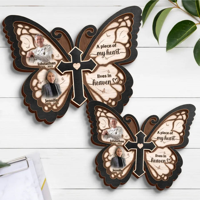 Custom Personalized Butterfly 2 Layered Wooden Art - Upload Upto 5 People - Memorial Gift Idea For Family Member - Pieces Of My Heart Live In Heaven