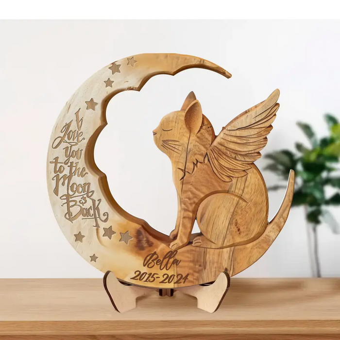 Custom Personalized Cat Moon 2 Layered Wooden Art - Memorial Gift Idea for Cat Lover - I Love You To The Moon And Back