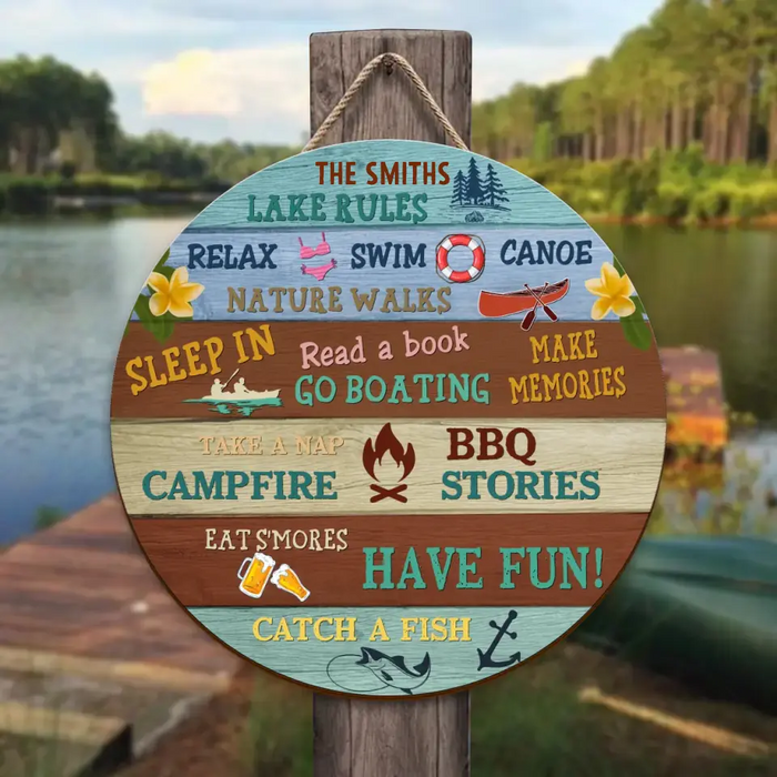 Custom Personalized Lake Rules Wooden Sign - Gift Idea For Family - Eat S'mores Have Fun Catch A Fish