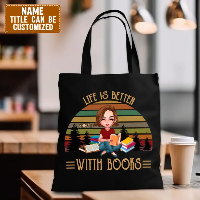 Custom Personalized Retro Sun Reading Canvas Bag - Gift Idea For Book Lover - Life Is Better With Books