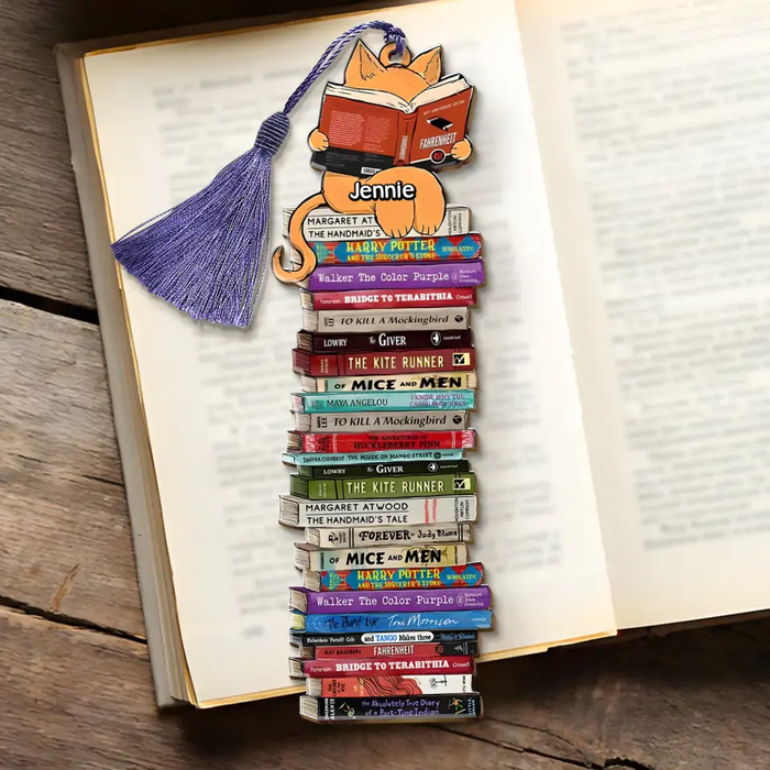 Custom Personalized Cat Reads Books Wooden Bookmark - Gift Idea For Book Lover