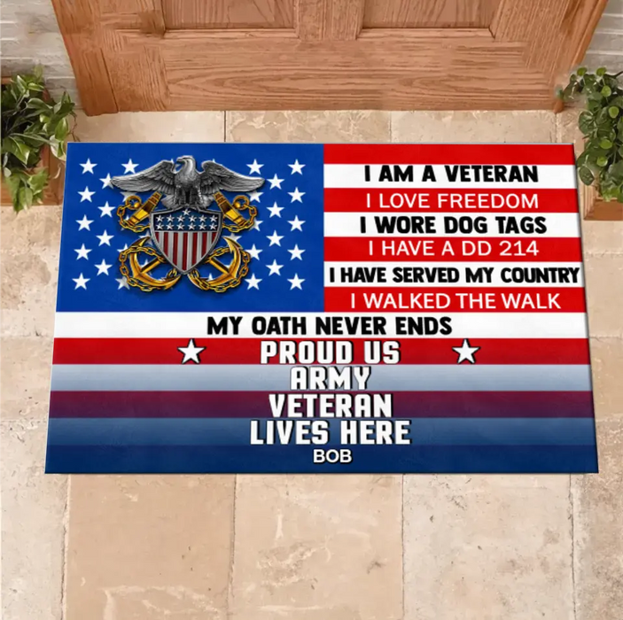 Custom Personalized Military Doormat - Gift Idea For Veteran - I Am A Veteran I Love Freedom Proud Us Army Veteran Lives Here